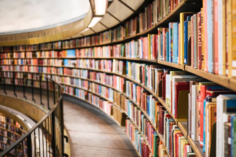 Books on curving bookshelves in a library